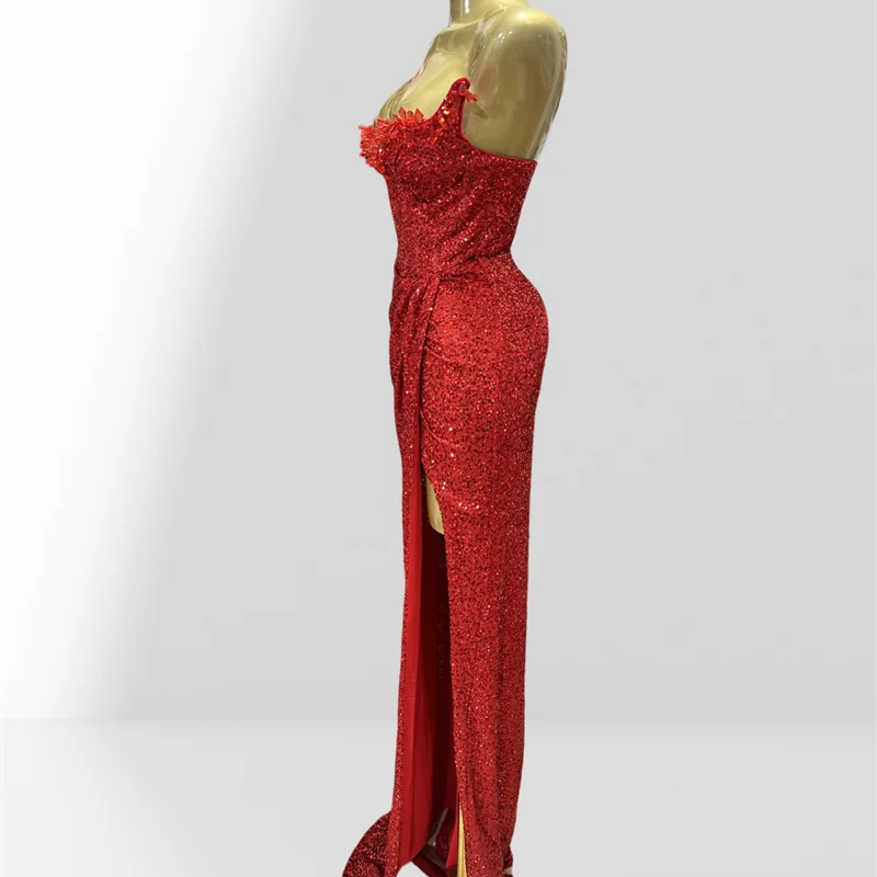 Haute Couture Red Sequins Sexy Off The Shoulder High Split Ankle Lenght Dress Woman Birthday Party Dress Celebrity Patry Outfit