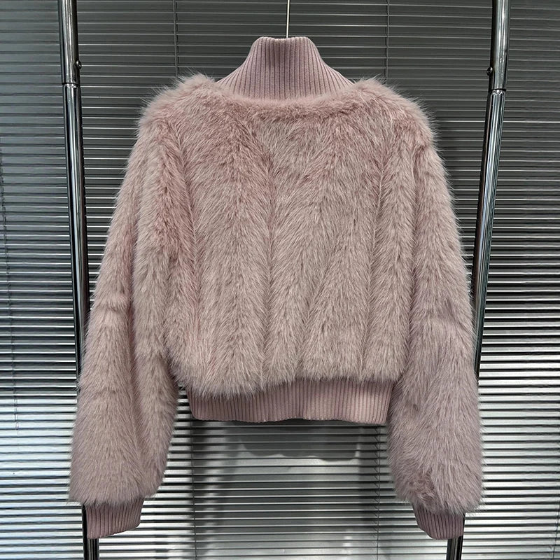 Autumn Winter New Fashion Versatile Stand Collar Faux Fur Short Jacket For Women Sweet High Waist Coat Female 11A07634