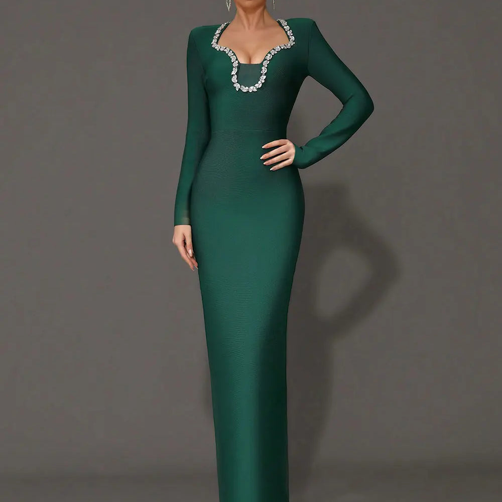 2025 Elegant Women's Light Luxury Nail Diamond Design Bandage Dress U Neck Long Sleeve Bodycon Long Dress Evening Party Vestidos Dark Green