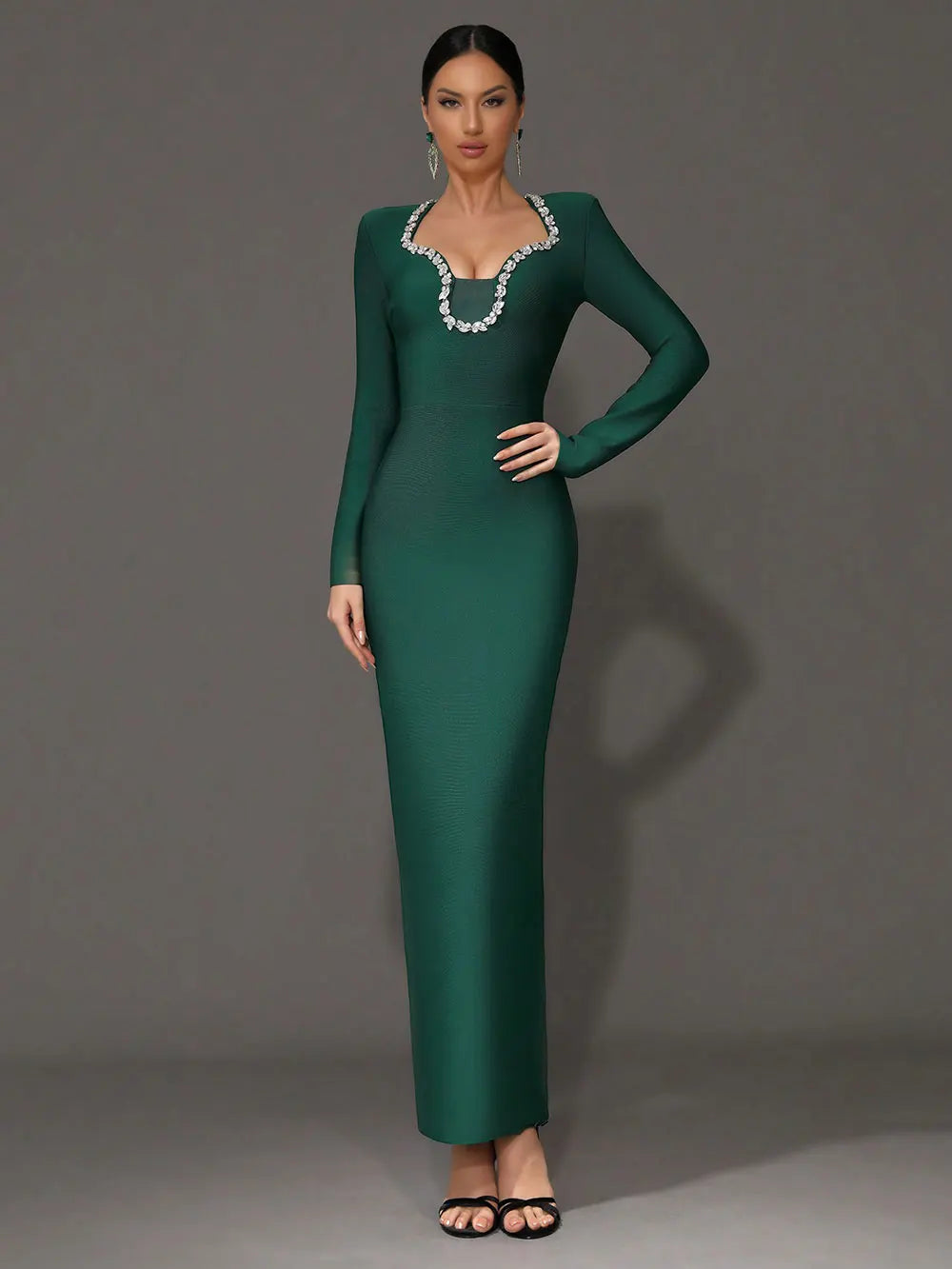 2025 Elegant Women's Light Luxury Nail Diamond Design Bandage Dress U Neck Long Sleeve Bodycon Long Dress Evening Party Vestidos Dark Green