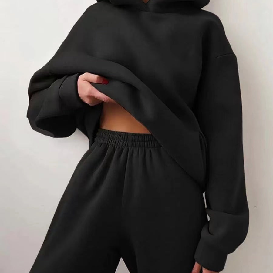 Winter Women Two Piece Sets Tracksuit Autumn Casual Solid Long Sleeve Hoodie Sweatshirts Female Oversized Trouser Pant Suit Black