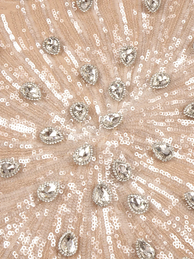 Apricot Sequins Mermaid Long Dress Optical Illusion Strapless Crystals Flowers Embellished Celebrity Evening Party Gowns