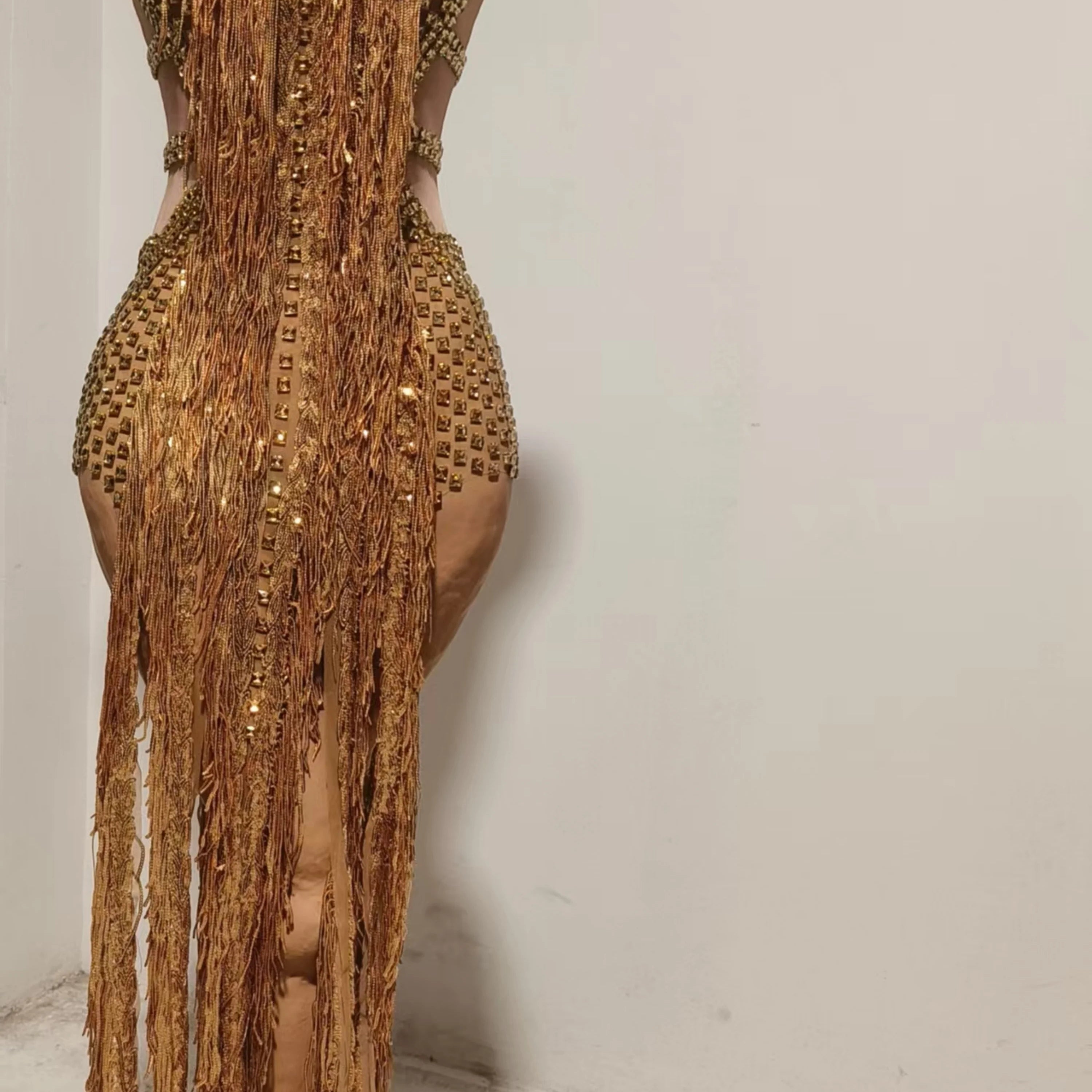 Opulent Gold Halter Neck Mini Dress Women Sexy Crystal Embellished Fringe Trim Form-Fitting Outfit Formal Event Party Costume