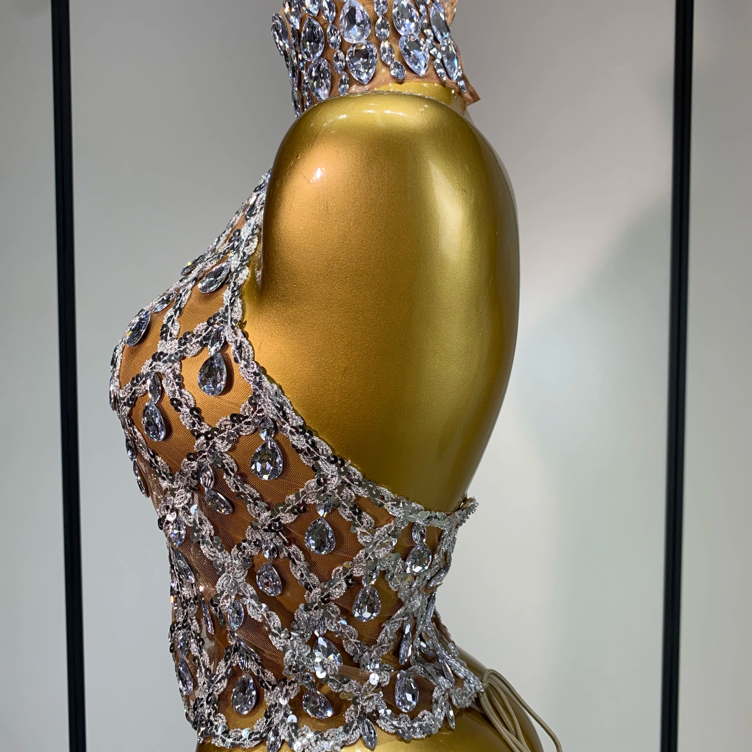 Sparkly Slver Rhinestone Sequins Mesh See Through Top Women Sexy Nightclub Evening Party Backless Spicy Girl Stage Outfit