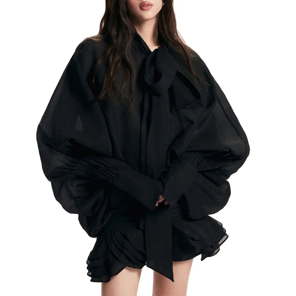 Solid Slimming Fashion Mini Dresses for Women Round Neck Long Sleeves Patchwork Lace Up Temperament Dress Female BLACK