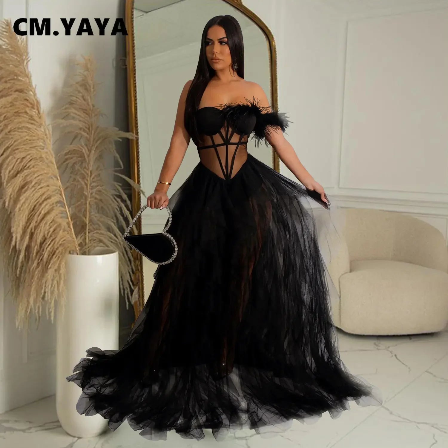 Women Tierred Mesh See Though Off Shoulder Sweetheart Collar Maxi Long Floor Length Dress Evening Sexy Party Dresses