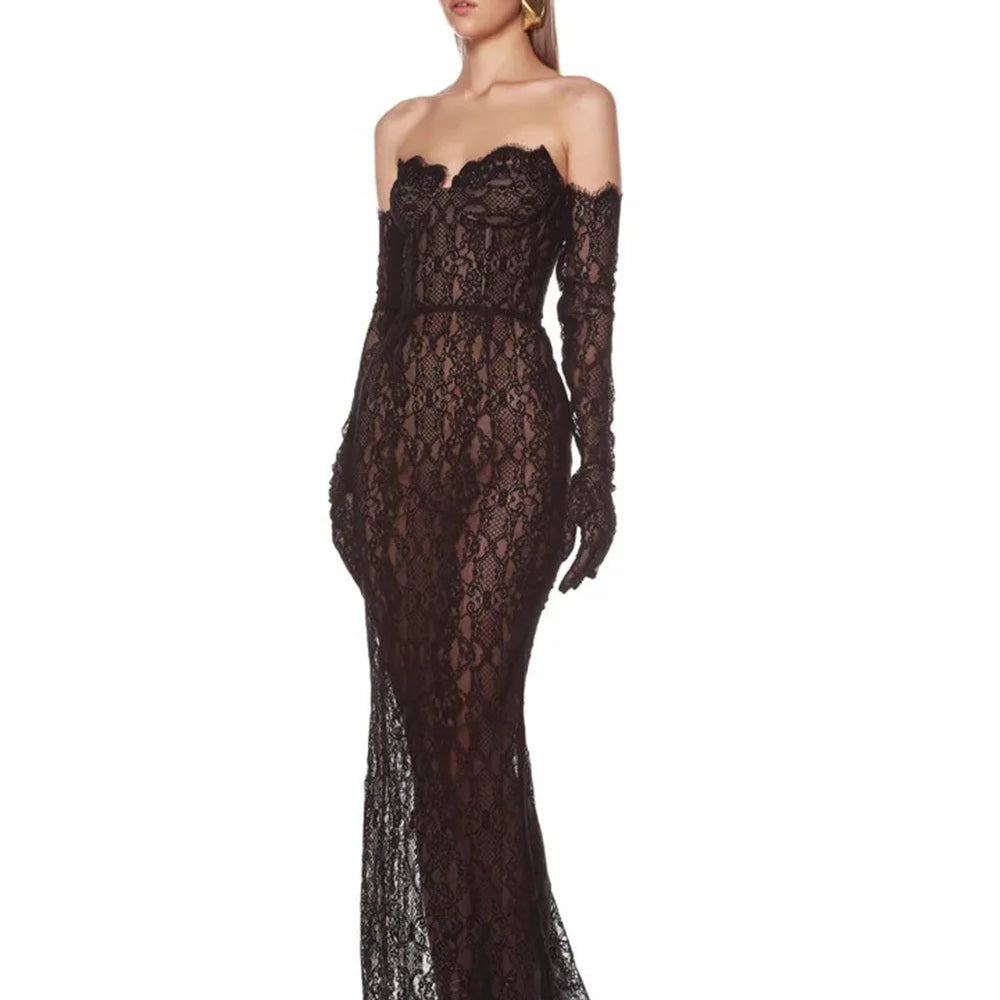 New Summer Black Color Women Sexy Strapless Lace Floor-length Mermaid Dress Gloves Elegant Evening Party Prom Outfit