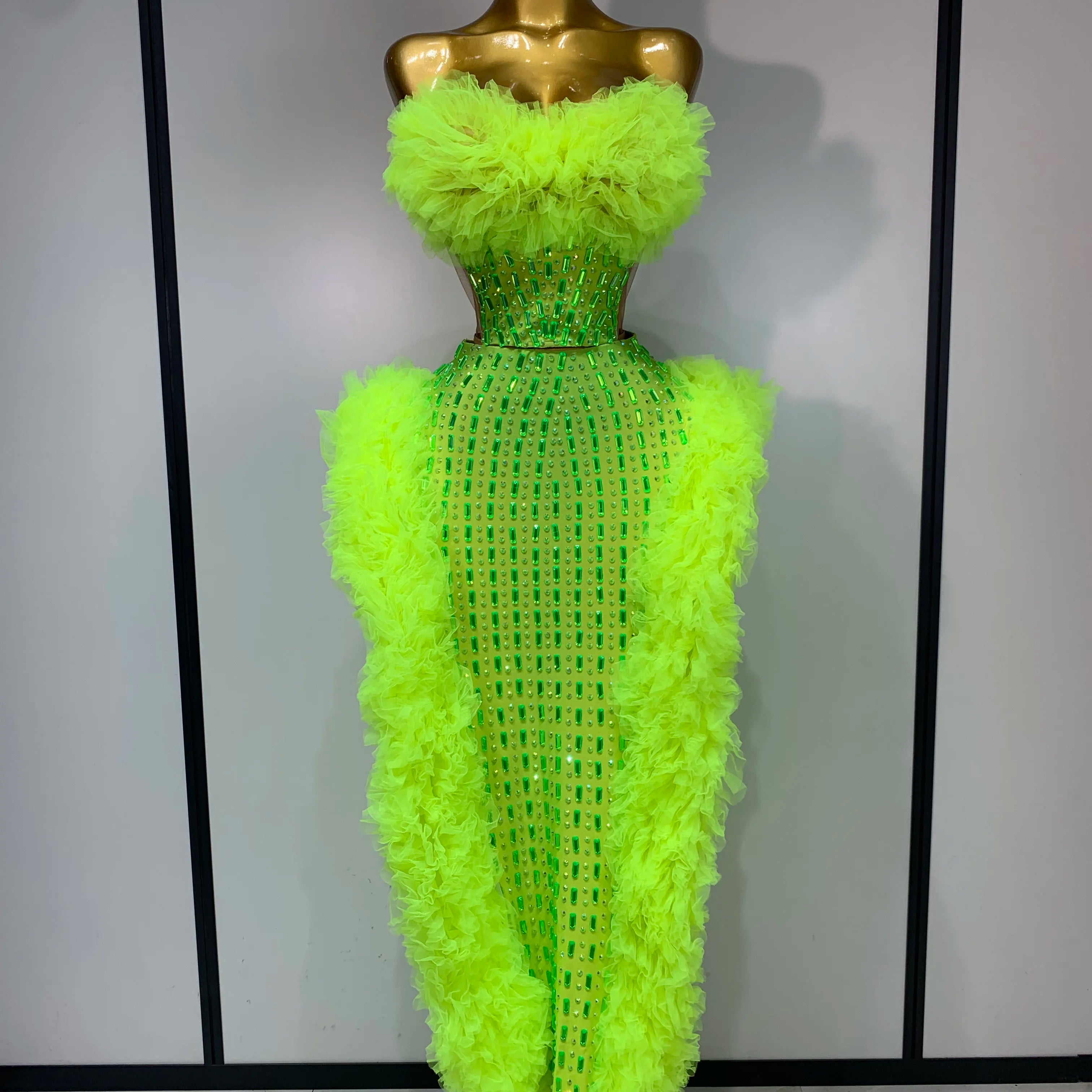 Women Sparkly Rhinestone Sexy Strapless Tops Skirt Two Piece Set Celebrate Evening Party Luxury Birthday Nightclub Stage Outfit Fluorescent Green