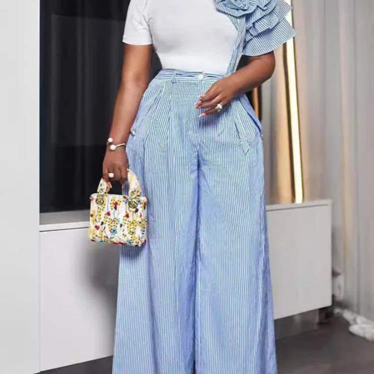 Street Women's Set Short Sleeve T-shirt and Striped Floral Splicing Romper Wide Leg Pants Elegant Two 2-Piece Set Outfit
