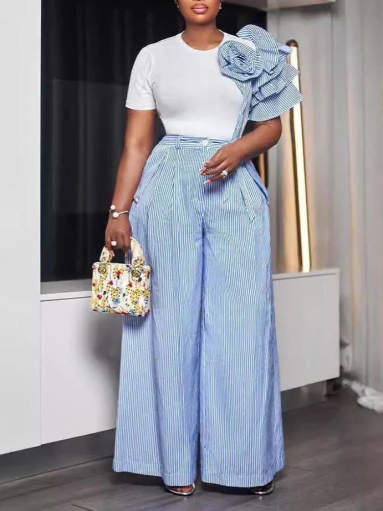 Street Women's Set Short Sleeve T-shirt and Striped Floral Splicing Romper Wide Leg Pants Elegant Two 2-Piece Set Outfit