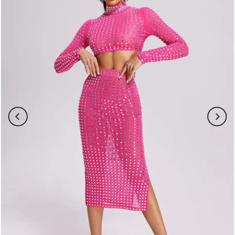 STOCK Sparkling square Diamonds Sexy Mesh See Through Top And Skirt Woman Fashion Set High Street Wear Evening Party Outfit