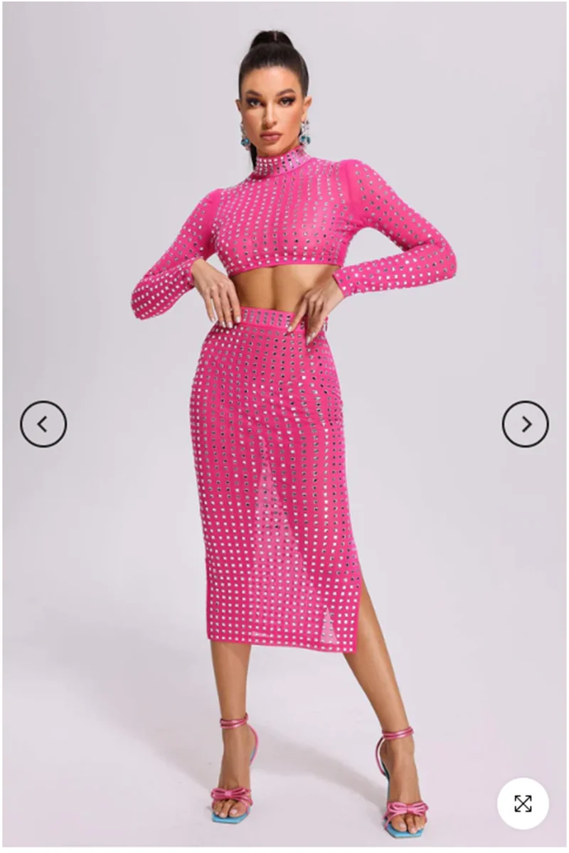 STOCK Sparkling square Diamonds Sexy Mesh See Through Top And Skirt Woman Fashion Set High Street Wear Evening Party Outfit