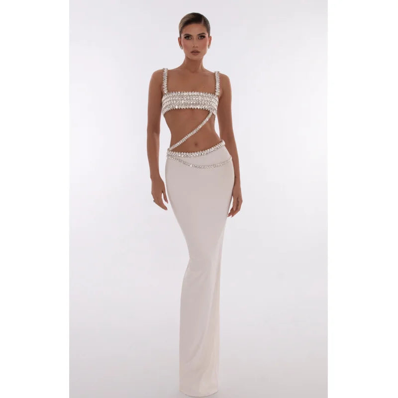 Sparkling Diamonds Woman Set Spaghetti Strap Top And Ankle Lenght Skirt 2 Pieces Evening Party Vestido Beach Vocation Outfit
