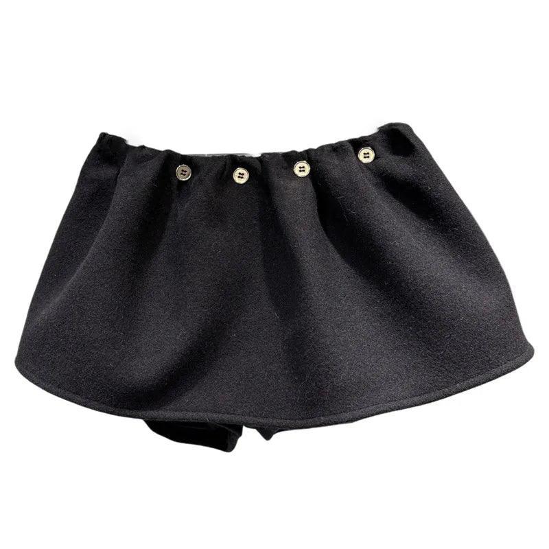 Winter New Niche Fashion Button Black Wool Puff Skirts For Women Elastic Waist Short Skirt Female Trendy 11A07575