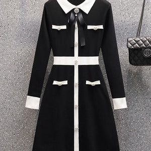 Small Fragrance Fall Winter Knitted Sweater Dress Women Bow Tie Buttons Vintage Party Mini Dress Elegant Casual Chic Robe Femme Black One Size