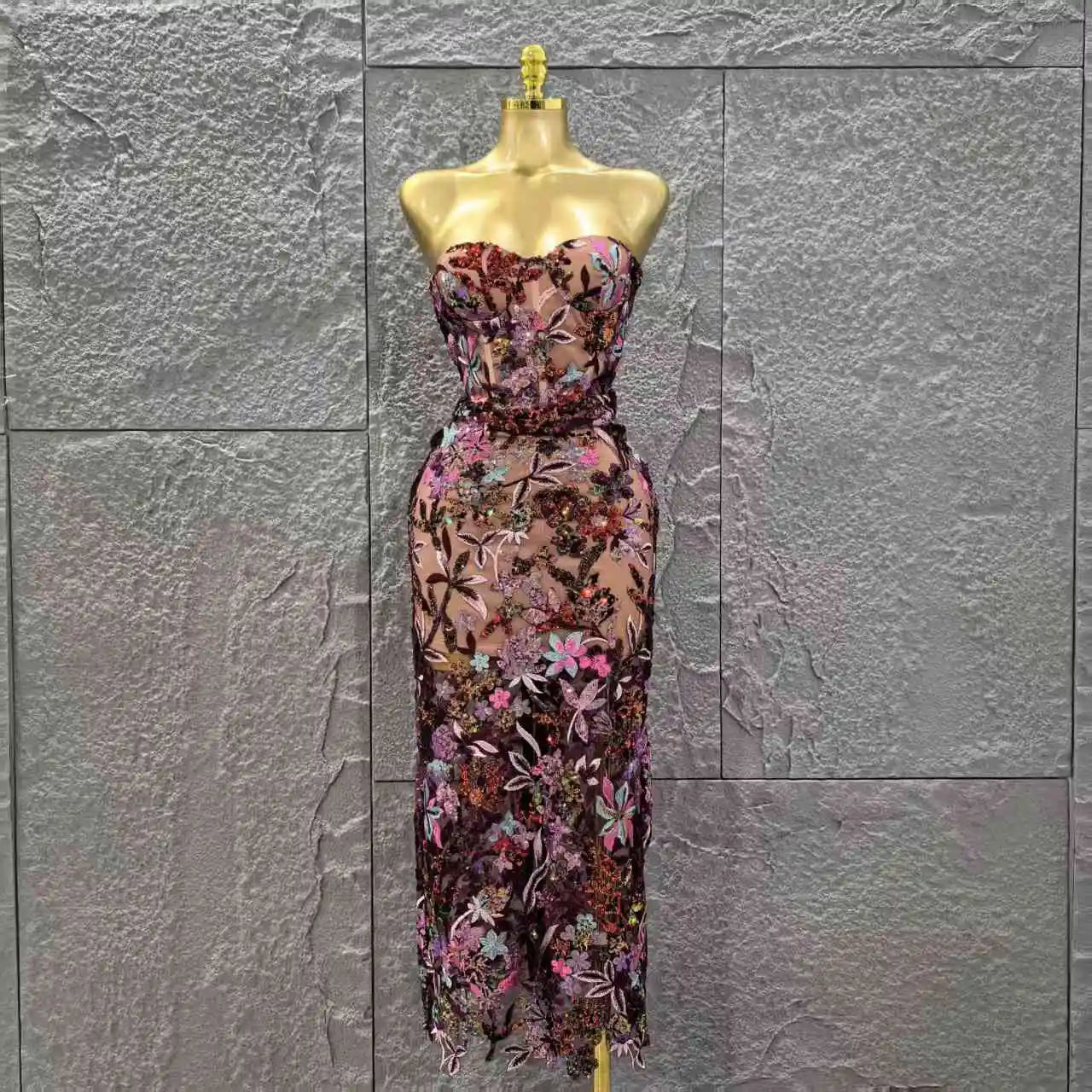 Top Quality Women Sexy Strapless Embroidery Florals Bodycon Long Dress Elegant Evening Party Cocktail Fashion Girls' Outfit Claret