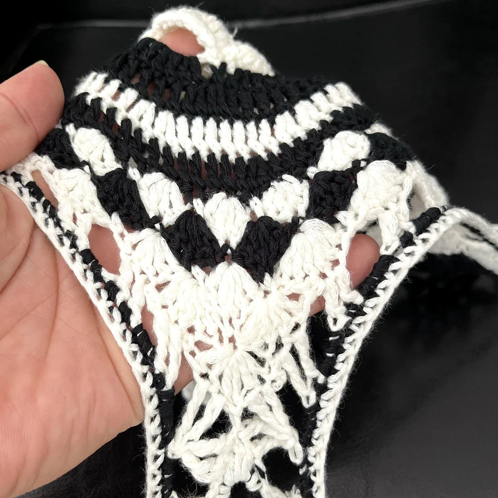 Crochet Knit Long Maxi Dress for Sexy Women Fashion Cream Combo Halter Backless Hollow Out Summer Club Party Dresses Outfit