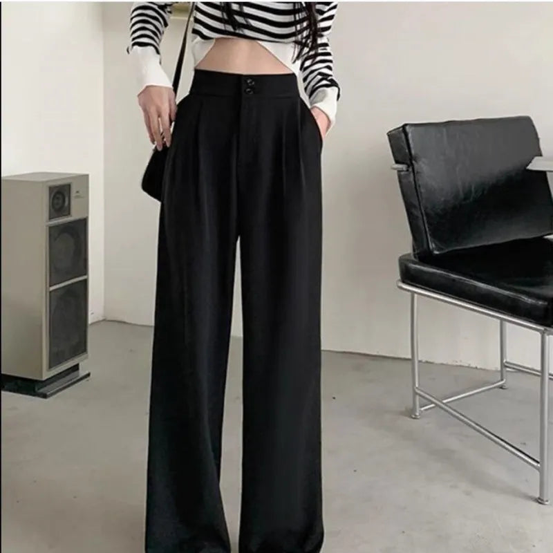 Women's Fashion Tracksuit Korean Elegant Spring Autumn Loose Short Sweater Matching Sets Female Fake Two-piece Blouse Pants Suit Black Pants