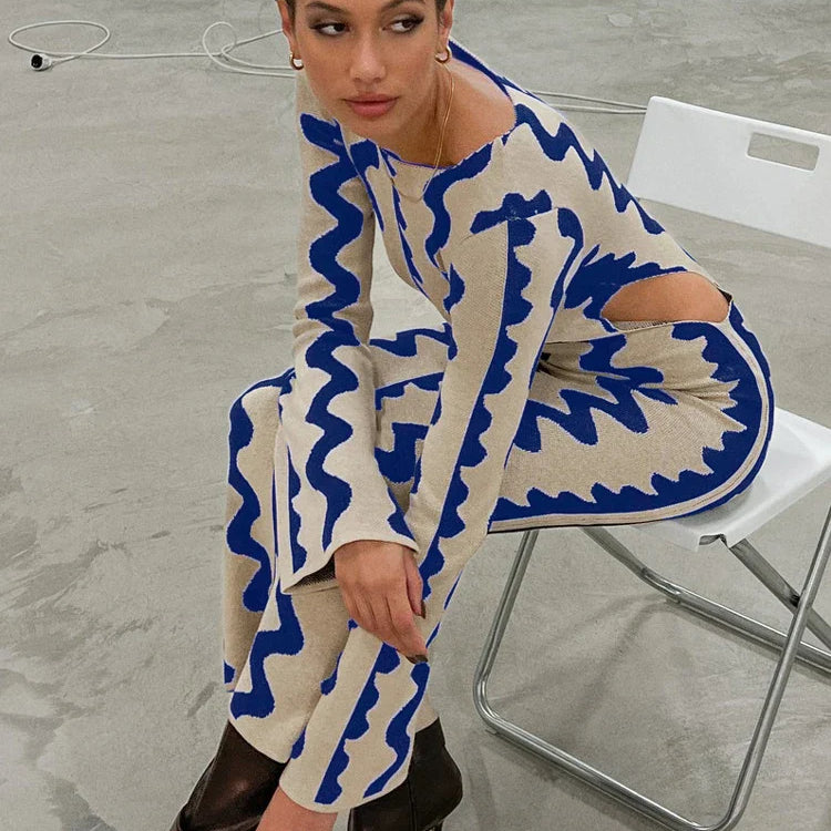 Tossy Striped Contrast Color Knit Maxi Bodycon Dress Boho High Waisted Hollow Out Slim Dresses Women Holiday Dresses Vestidos Blue