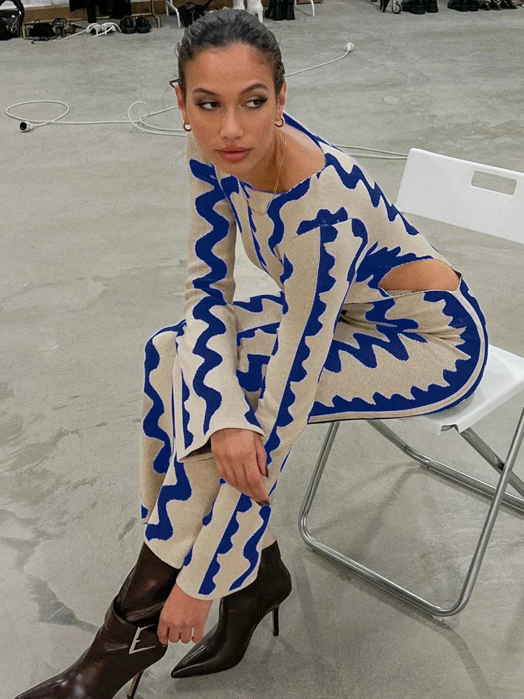 Tossy Striped Contrast Color Knit Maxi Bodycon Dress Boho High Waisted Hollow Out Slim Dresses Women Holiday Dresses Vestidos Blue