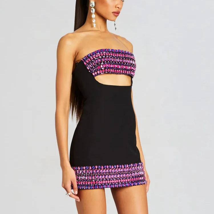 Women Celebrity Luxury Sexy Strapless Backless Pearl Cut Out Black Bodycon Bandage Dress Elegant Evening Club Party Outfit