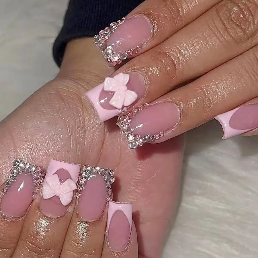 24pcs/set Short Medium fake nails for women girls 3D cute pink bow flowers leopard french square almond tips press on false nail 2555