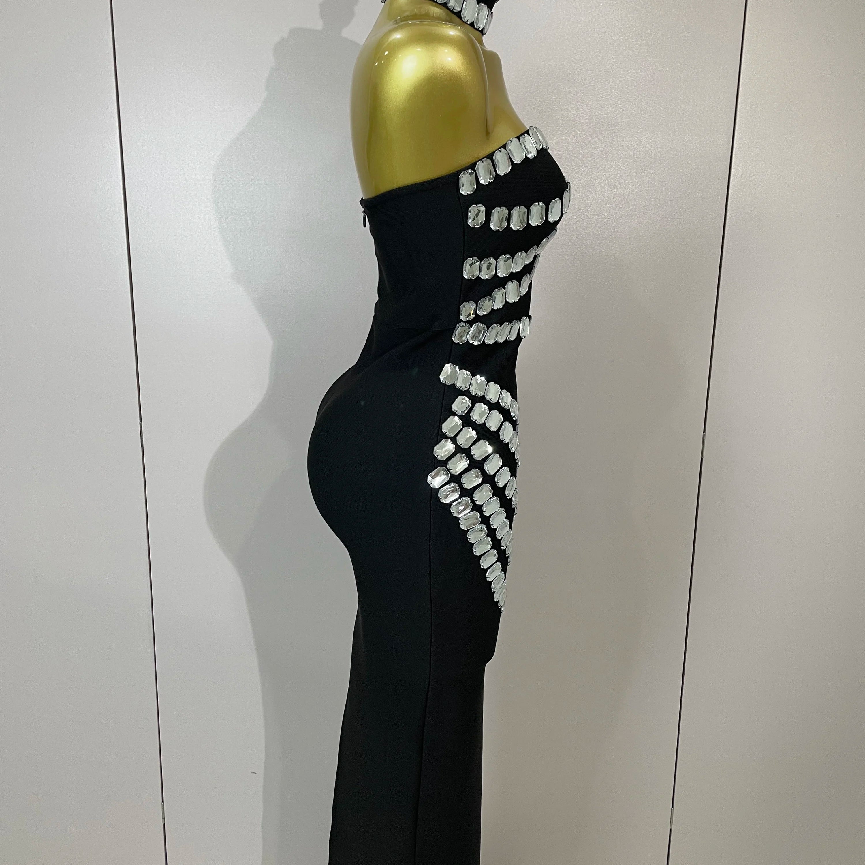 2025 Women Sexy Backless Strapless Black Beading Long Bandage Bodycon Dress Celebrity Elegant Evening Luxury Birthday Dresses