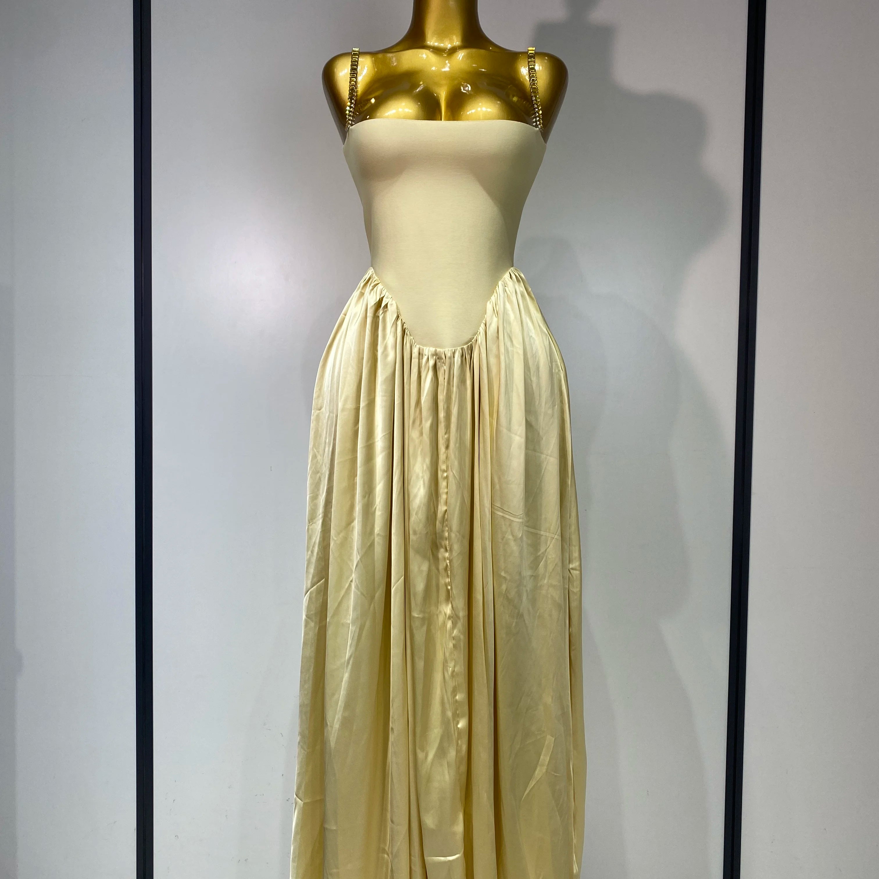 Women Sexy Strap Chain Sleeveless Long Dress Fashion Slimming Hundred Fold Dresses Elegant Evening Party Wedding Guest Gowns Yellow