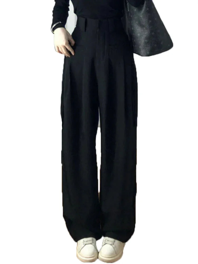 New Fashion Simple High-waisted Wide-leg Female Suit Pants American Full-length Black Casual Straight Solid Color Women's Pants