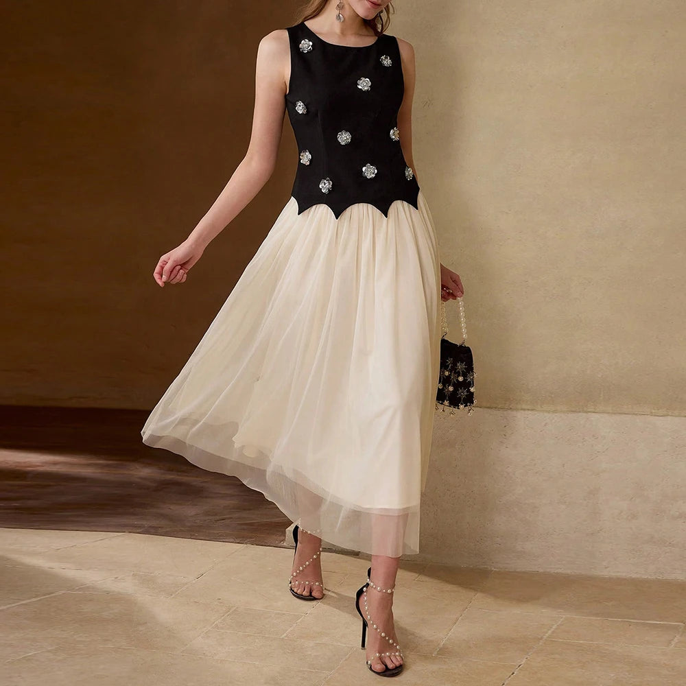 Hit Color Spliced Appliques Elegant Dresses for Women Round Neck Sleeveless Patchwork Mesh Dress Female Fashion New BLACK