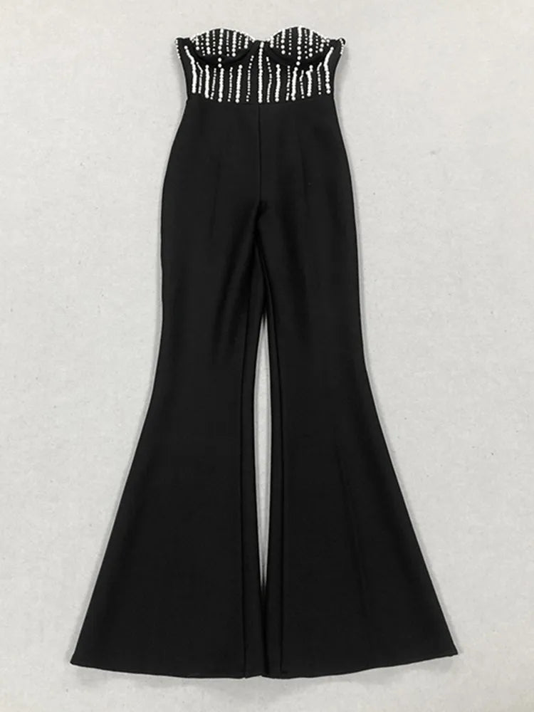 Celebrity Women Luxury Sexy Strapless Pearl Black Bodycon Bandage Jumpsuit 2025 Celebrity Designer High Street Rompers