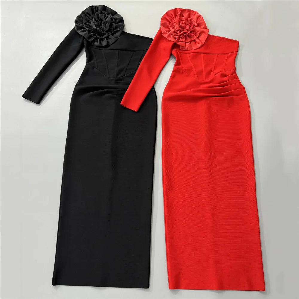 Black Red Women Sexy One Shoulder Big Florals Bodycon Long Bandage Dress Fashion Celebrate Nightclub Party Cocktail Dress