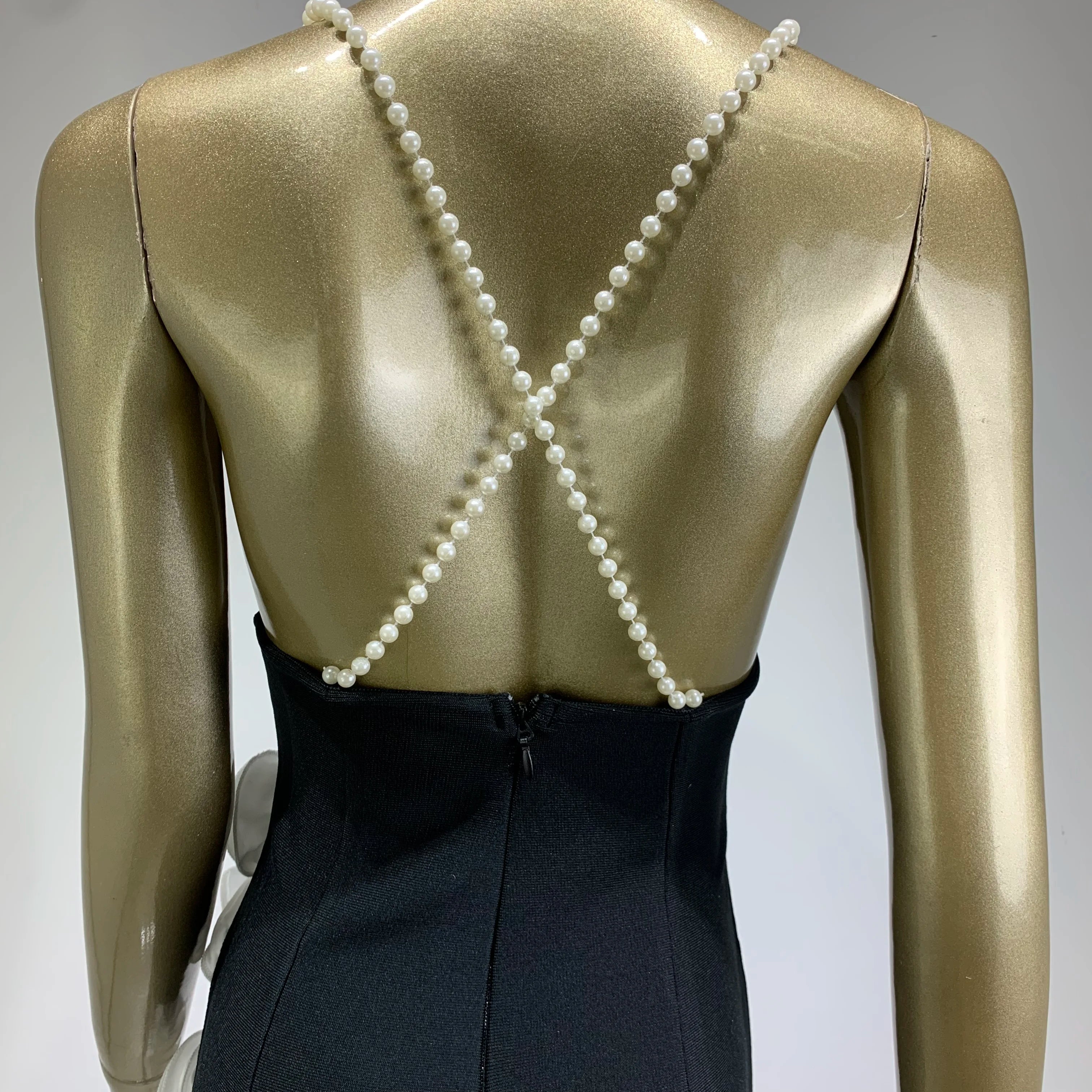 Women Celebrity Sexy Backless Pearl Black Flower Patchwork Maxi Long Bodycon Bandage Dress 2024 Elegant Evening Club Party Dress