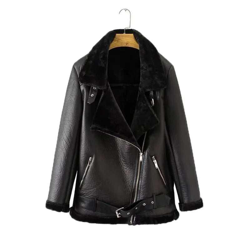 Fitaylor Winter Women Faux Fur Leather Jacket Casual Lady Thick Warm Leather Jacket Lapel Zipper Coat with Belt black