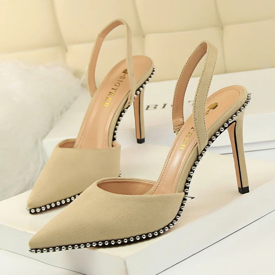 Women 9m High Heels Sandals Lady Suede Slingback Mules Sandles Summer Stripper Nightclub Dress Rivets Replica Hollow Party Shoes Apricot Flock