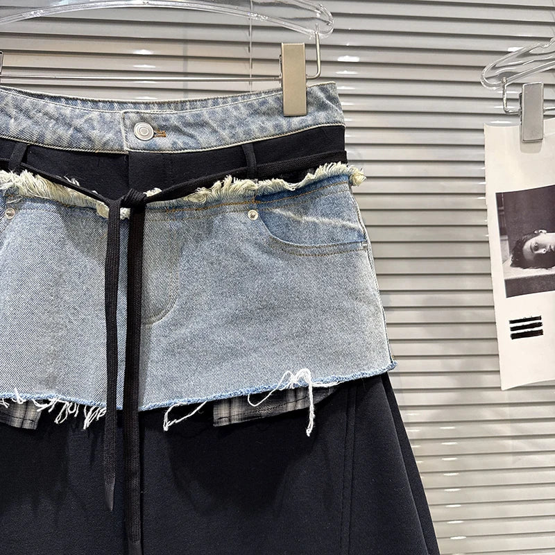 Winter New Fashion Frayed Denim Skirt Patchwork Design Fleece Lined Scimitar Pants For Women Casual Pant 11A07715