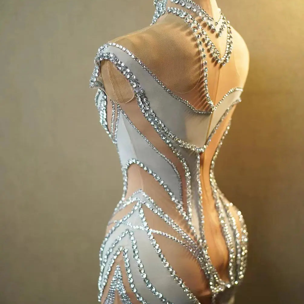 Women Sleeveless Sexy Off the Shoulder Mesh See Through Bodycon Mini Dress Sparkly Crystal Nightclub Party Dress