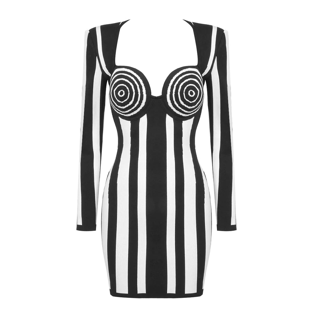 Square Collar Color Block Bodycon Short Dress For Women Long Sleeves Striped Mini Bodycon Cocktail Club Party Dress black