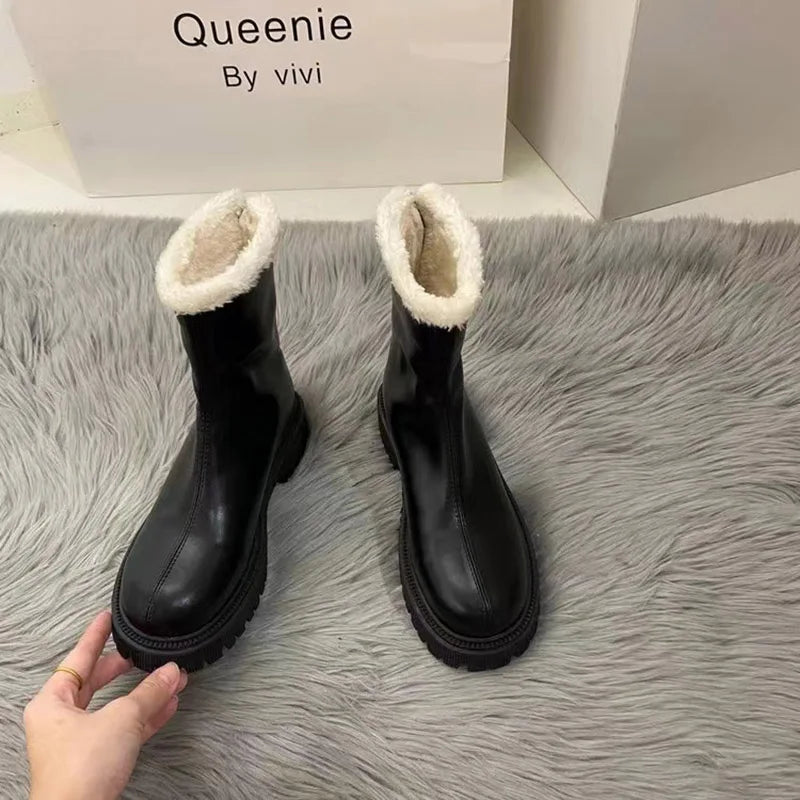 Winter Plush Women Knee High Boots Fashion Back Zippers Ladies Elegant Warm Cotton Long Booties Women's Footwear Black short