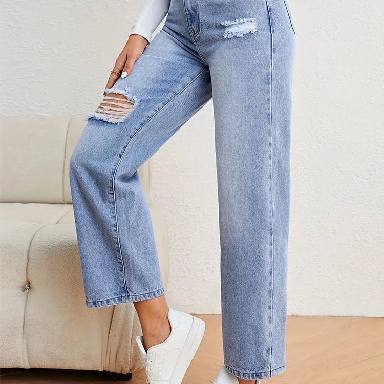 Denimcolab Women's Loose High Waist Jeans Cotton Denim With Holes Straight Leg Pants Ladies Casual Simple Solid Denim Trousers Light Blue