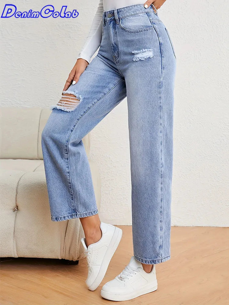Denimcolab Women's Loose High Waist Jeans Cotton Denim With Holes Straight Leg Pants Ladies Casual Simple Solid Denim Trousers Light Blue