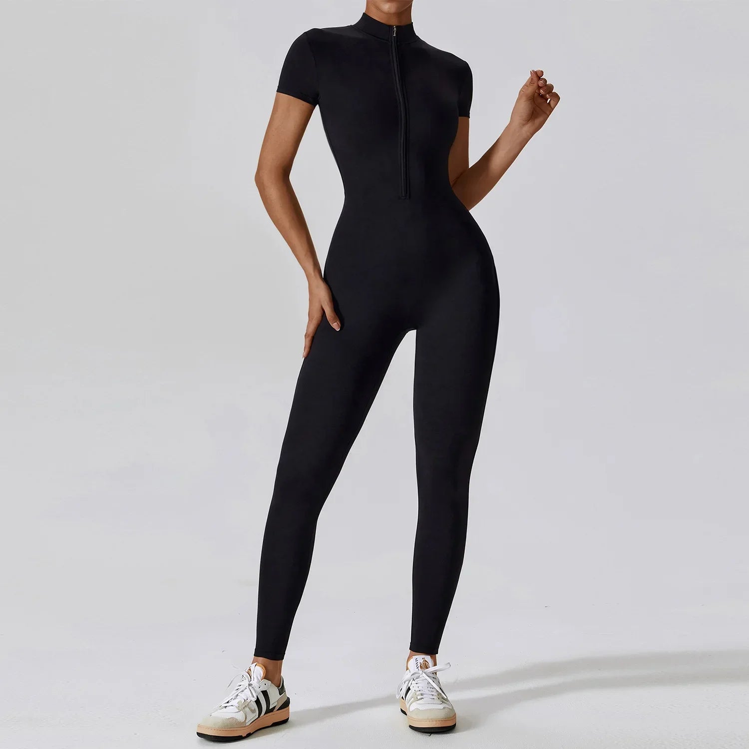 Yoga Jumpsuit Women Seamless Sports Zipper Jumpsuit Set Gym Long Sleeve Fitness Suit Elastic Gym Workout Bodysuit Athletic Wear black 2