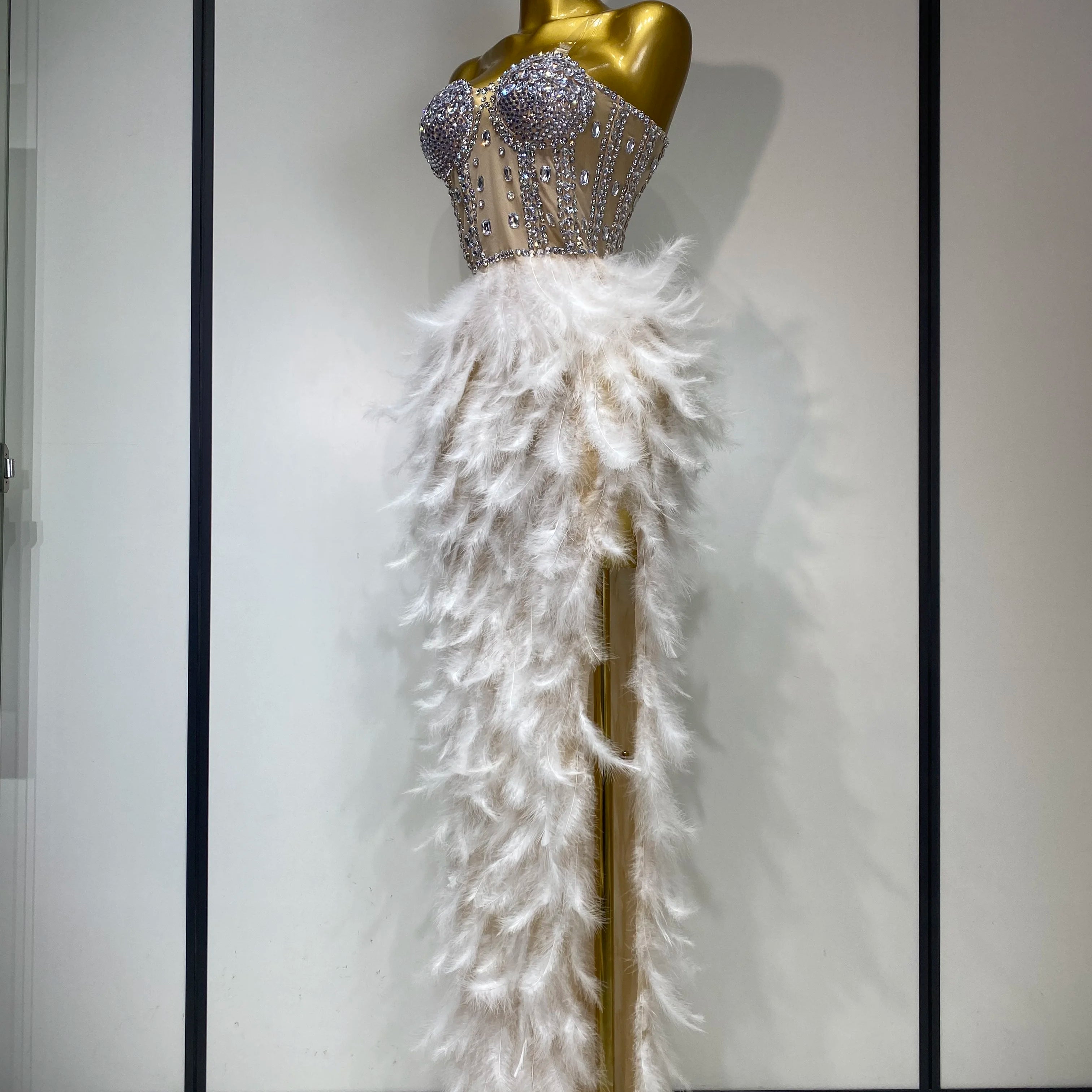 Women Sexy Sparkly Rhinestone Feather Mesh Long Dress Elegant Evening Party Celebrate Luxury Birthday Singer Stage Costume