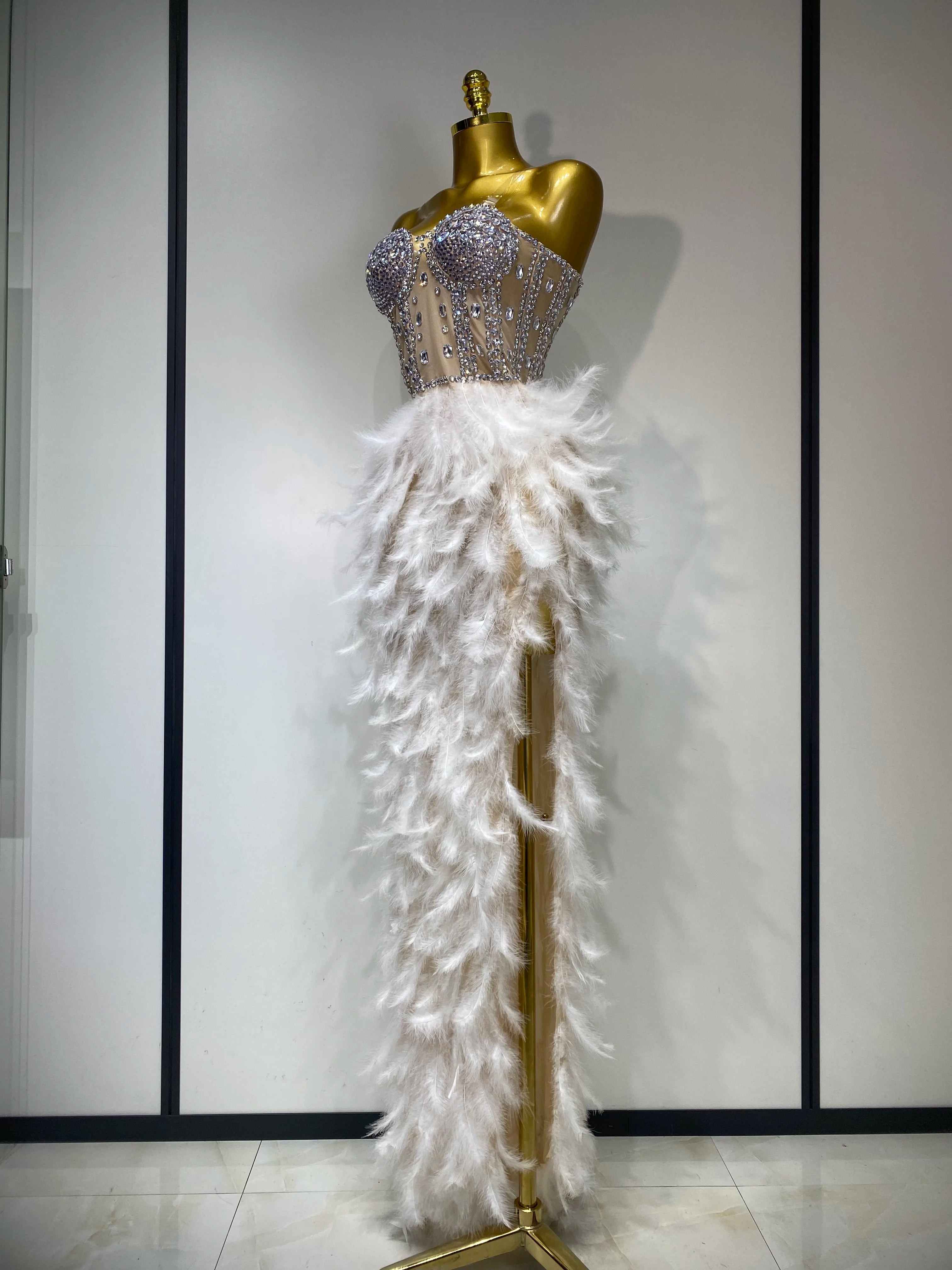 Women Sexy Sparkly Rhinestone Feather Mesh Long Dress Elegant Evening Party Celebrate Luxury Birthday Singer Stage Costume