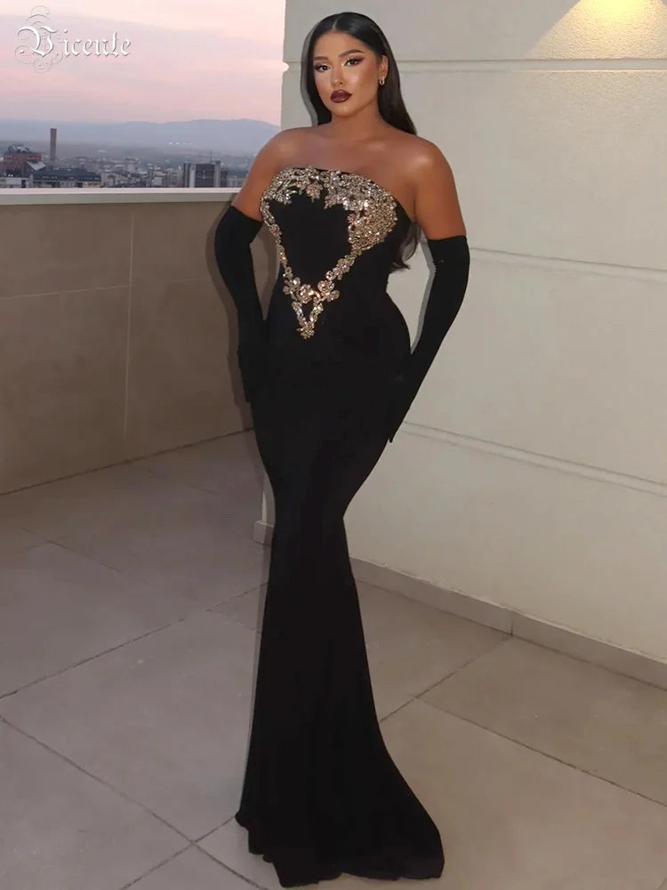 Glamorous Black Strapless Mermaid Dress with Crystal Embellishments for Gala Events Evening Gown