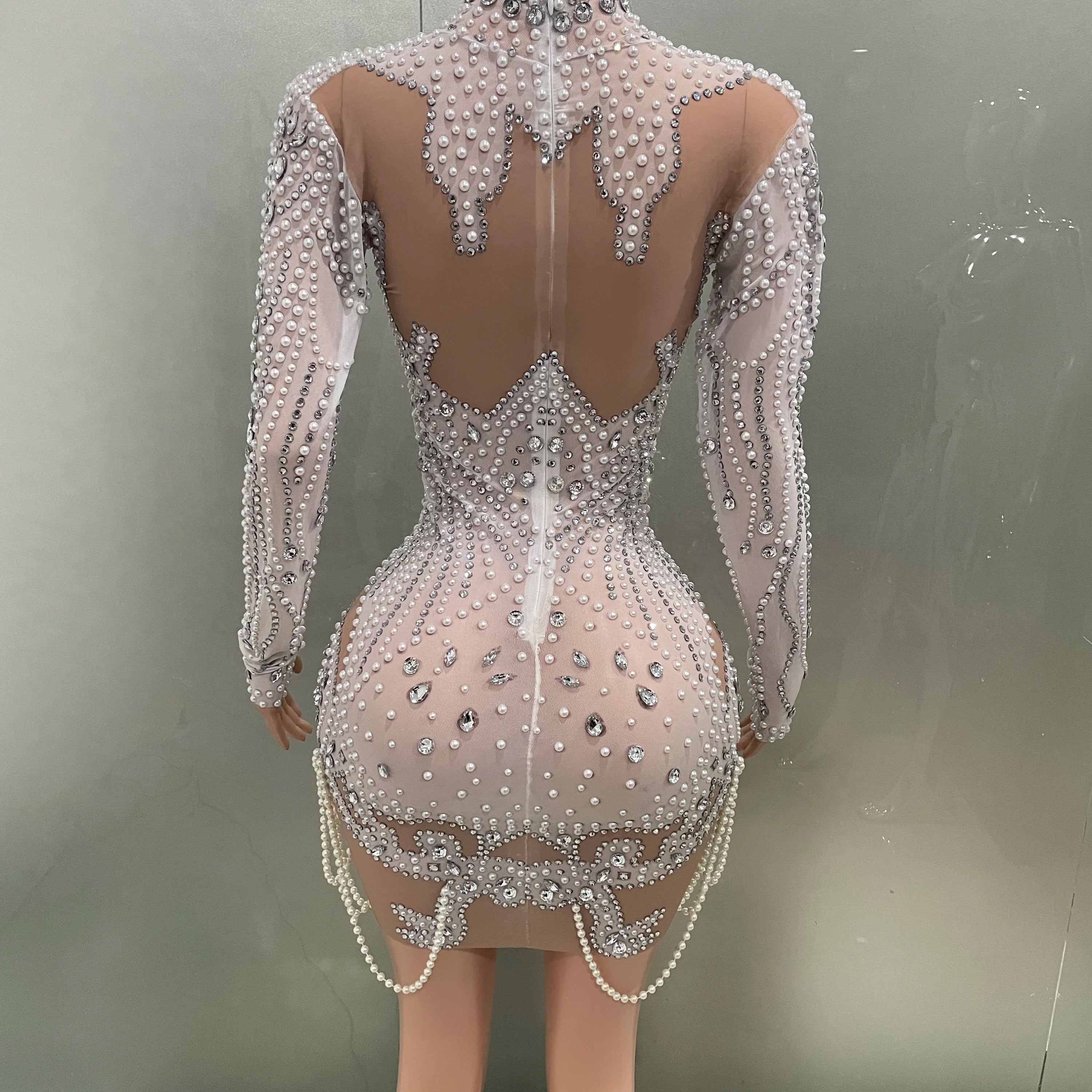 STOCK White Color Women Long Sleeve Sexy Mesh Beading Bodycon Mini Dress High Stretch Celebrate Birthday Party Dress