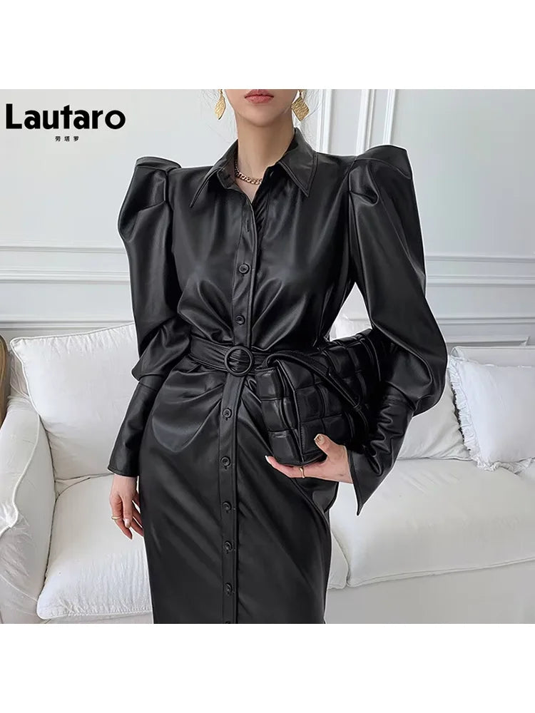 Lautaro Spring Autumn Long Fitted Soft Black Stretchy Pu Leather Shirt Dress Women Puff Sleeve Elegant Luxury Designer Clothes