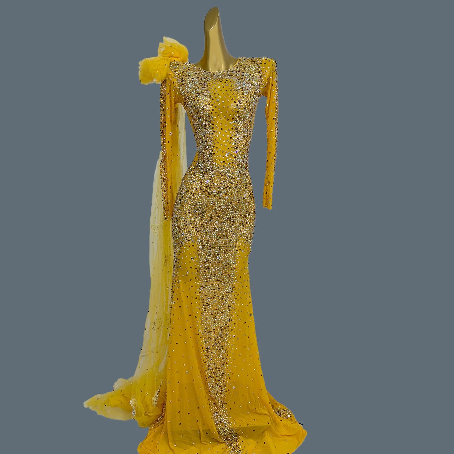 Sparkly Crystals Luxury Sheer Mesh Evening Gown Sexy Women Gauze Long Dress Birthday Wedding Prom Party High-end Outfit Shacha Gold