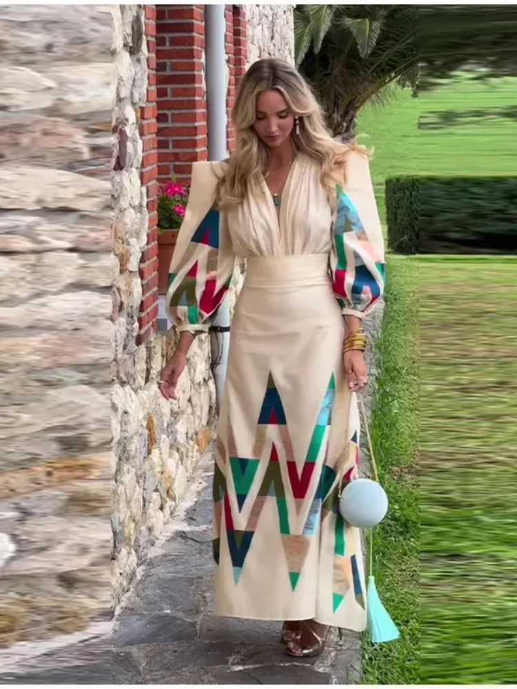 Vintage Printed Pleated Suit Dress Shoulder Pads Puff Sleeve V-neck Top High Waist Skirt Female New Spring Autumn Lady Suit