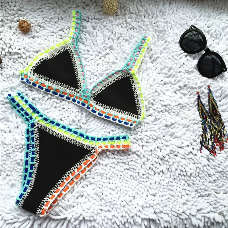 Knitted Bikini 2-piece Swimsuit for Women,summer Beach Vacation Bathing Suit,sexy Triangle Cup V-neck Suspender Swimwear black 3